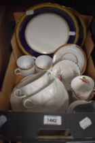 Two Shelley soup dishes, saucers and plates in white, two cabinet plates having blue banding and