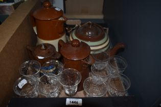 A 20th century teapot having brown glaze and mint and cream bands, similar lidded jug and two