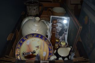 A miscellany of items, including hand painted Japanese cruet and cake stand, stoneware jug, letter