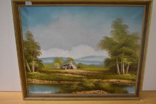 Artist Unknown (20th Century), acrylic, A brightly coloured landscape with hut to centre, framed,