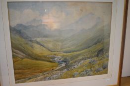 J.M Nelson (19th, 20th Century, British), watercolour, The upper reaches of a mountainous valley,