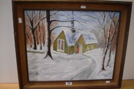 20th Century, an oil on canvas, A chapel within a winter woodland setting, an amateur interpretation