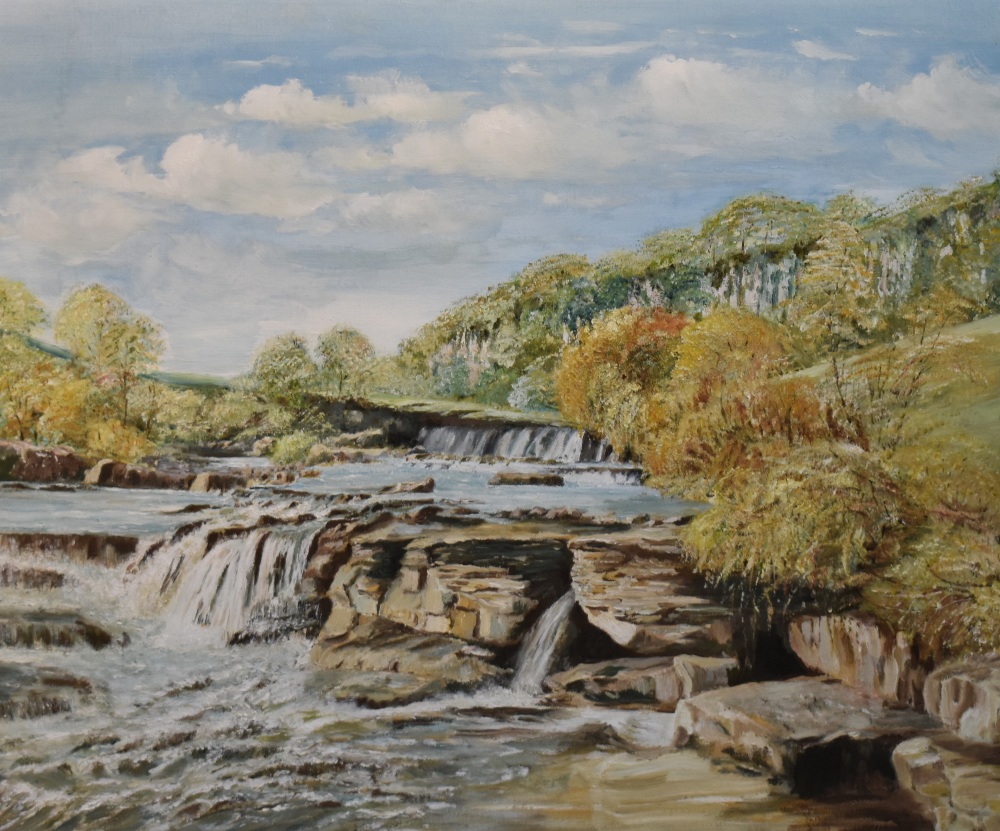 M.Huddleston (20th Century), oil on board, 'River Leven', a waterfall, label verso, measuring 23cm x