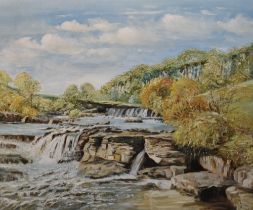 M.Huddleston (20th Century), oil on board, 'River Leven', a waterfall, label verso, measuring 23cm x