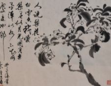 20th Century Chinese School, ink wash, A calligraphic depiction with flowering tree, framed and