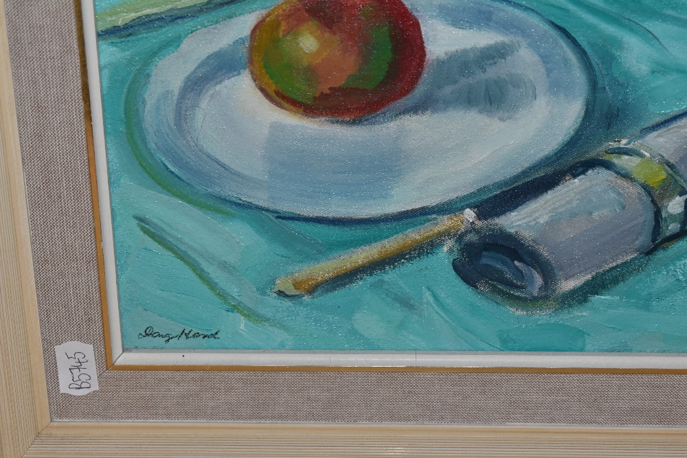 20th Century British School, oil on canvas, A still life study, fruit and flowers on a turquoise - Image 3 of 4