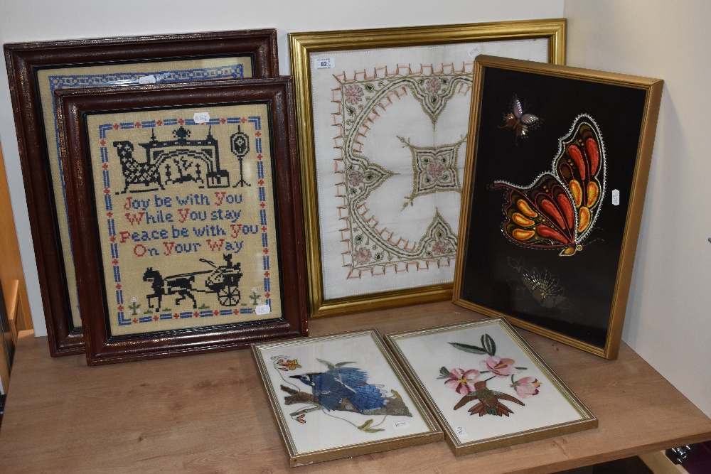 A box of five assorted embroidered pictures, to include two needlework samplers, the largest - Image 2 of 4