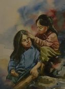 20th Century Nepalese School, watercolour, Two young girls playing, signed and dated '93 to the