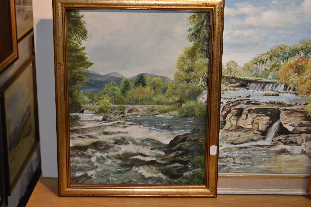 M.Huddleston (20th Century), oil on board, 'River Leven', a waterfall, label verso, measuring 23cm x - Image 3 of 4