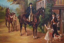 20th Century, oil on canvas, A horse riding scene depicting a Victorian gentleman on horseback