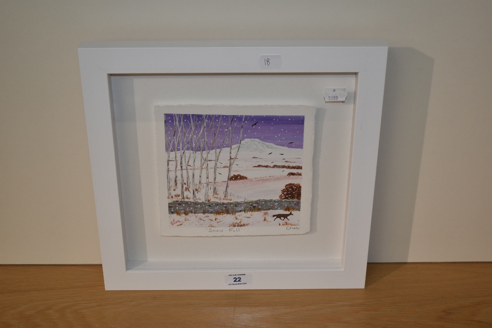 *Local Interest - Chas Jacobs (b.1957, British), acrylic on paper, 'Snow Fall', Ingleborough in - Image 2 of 4