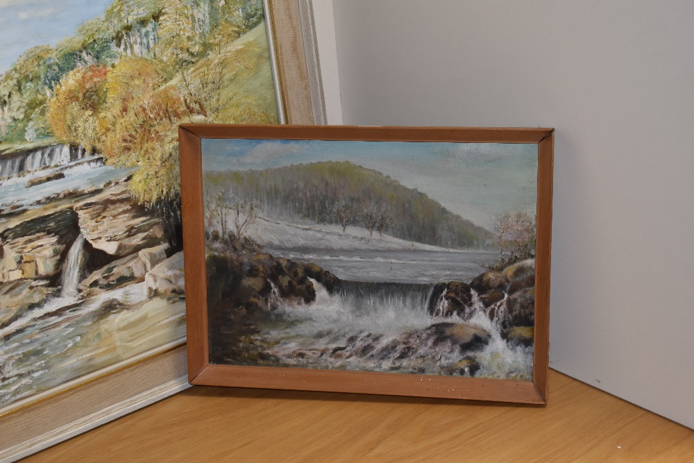 M.Huddleston (20th Century), oil on board, 'River Leven', a waterfall, label verso, measuring 23cm x - Image 4 of 4