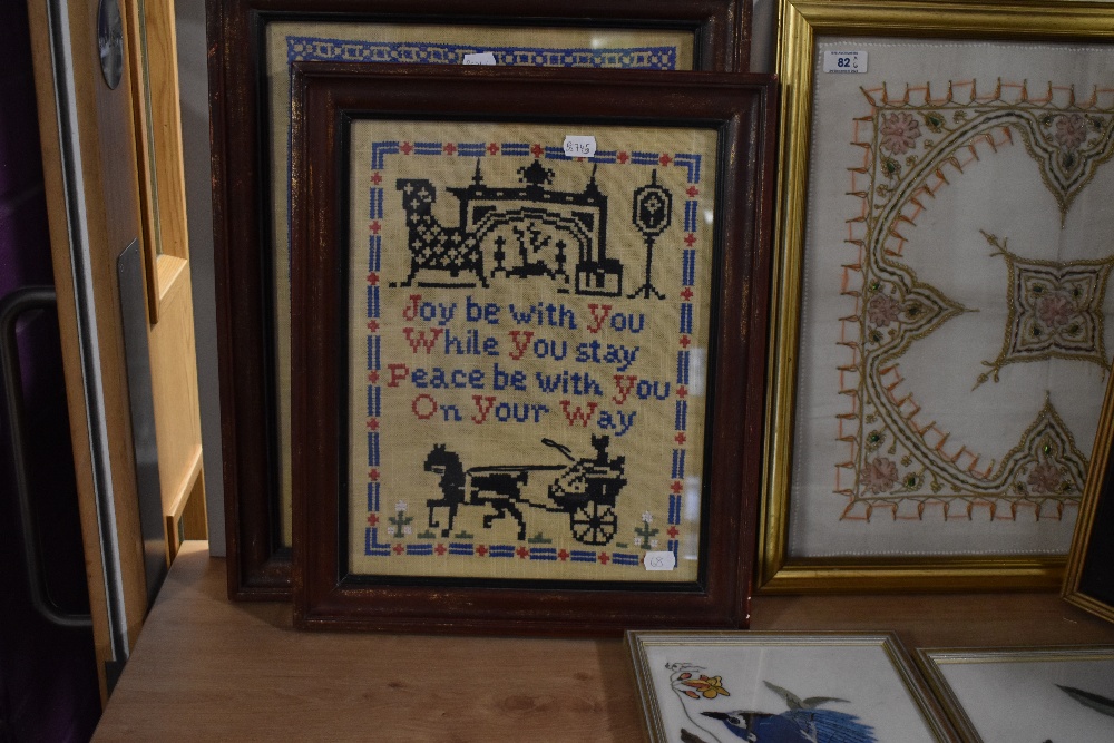 A box of five assorted embroidered pictures, to include two needlework samplers, the largest - Image 3 of 4