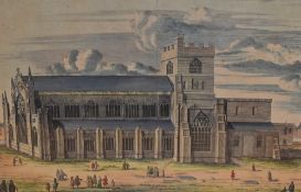 After Johannes Kip (1653-1722, Dutch), coloured engraving, A view of Carlisle Cathedral, displayed