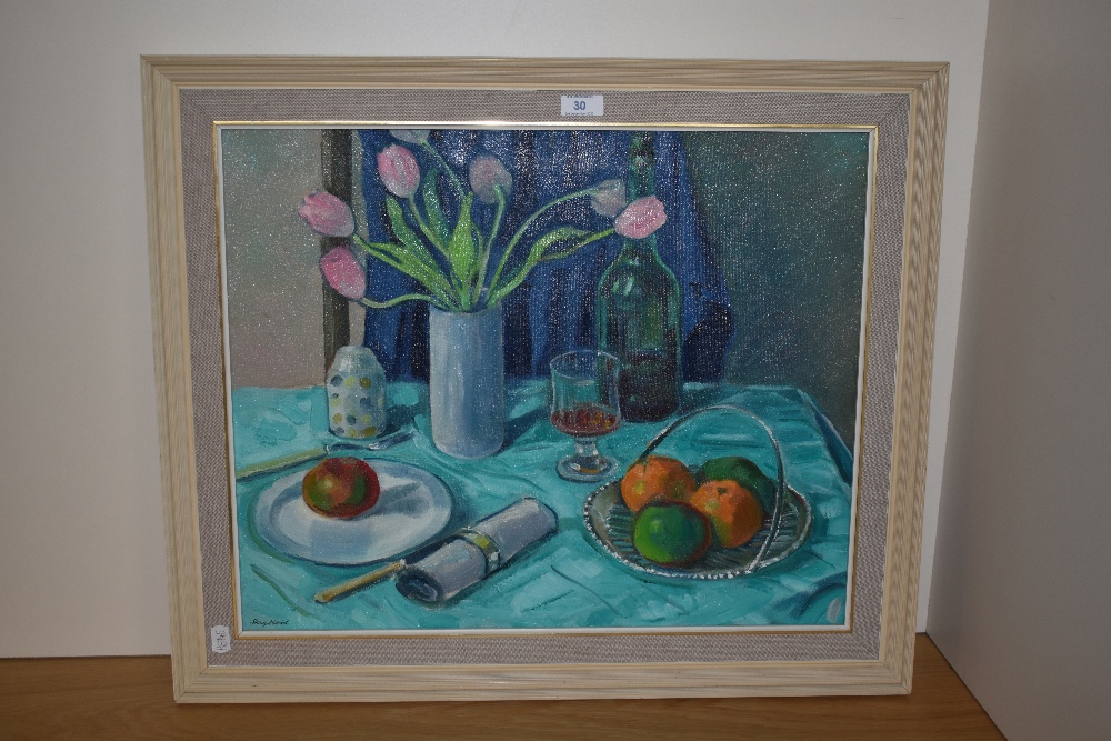20th Century British School, oil on canvas, A still life study, fruit and flowers on a turquoise - Image 2 of 4