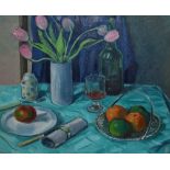 20th Century British School, oil on canvas, A still life study, fruit and flowers on a turquoise