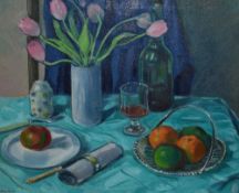 20th Century British School, oil on canvas, A still life study, fruit and flowers on a turquoise