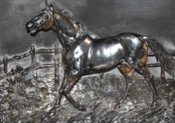 20th Century, A pair of white metal and relief moulded plaques, Two equestrian studies, initials