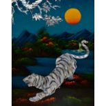 20th Century Continental School, mixed media, A prowling white tiger before an Asian style