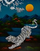 20th Century Continental School, mixed media, A prowling white tiger before an Asian style