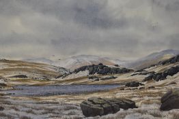 James Ingham Riley (20th Century), watercolour, A tarn winter landscape, possibly the Lake District,
