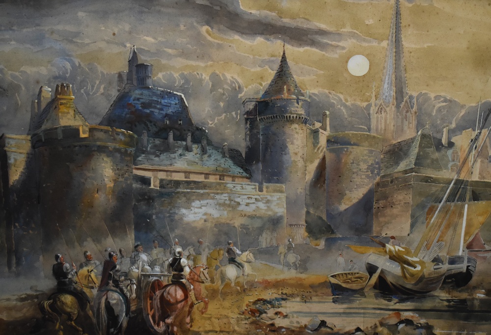 L.Powell (20th Century), watercolour, Title Unknown, An army marching towards a castle, signed to