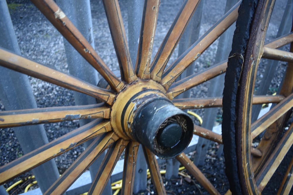 A pair of vintage trap or gig wheels, rubber wheels perishing, rim diameter approx 120cm - Image 2 of 3