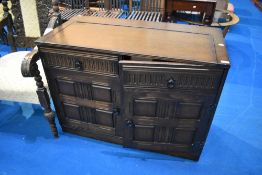 A vintage Priory style hifi cabinet having lift lid (faux drawer cupboard doors to front) dimensions
