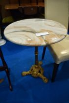 A marble top occasional table having heavy cast frame with gilt finish, diameter approx 60cm, height