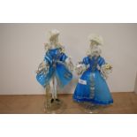 Two mid century Venetian glass figurines in blue and latticino with aventurine inclusions, depicting