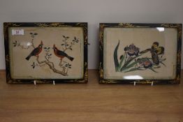A pair of 19th Century Japanese paintings on rice paper, depicting exotic birds and butterflies,