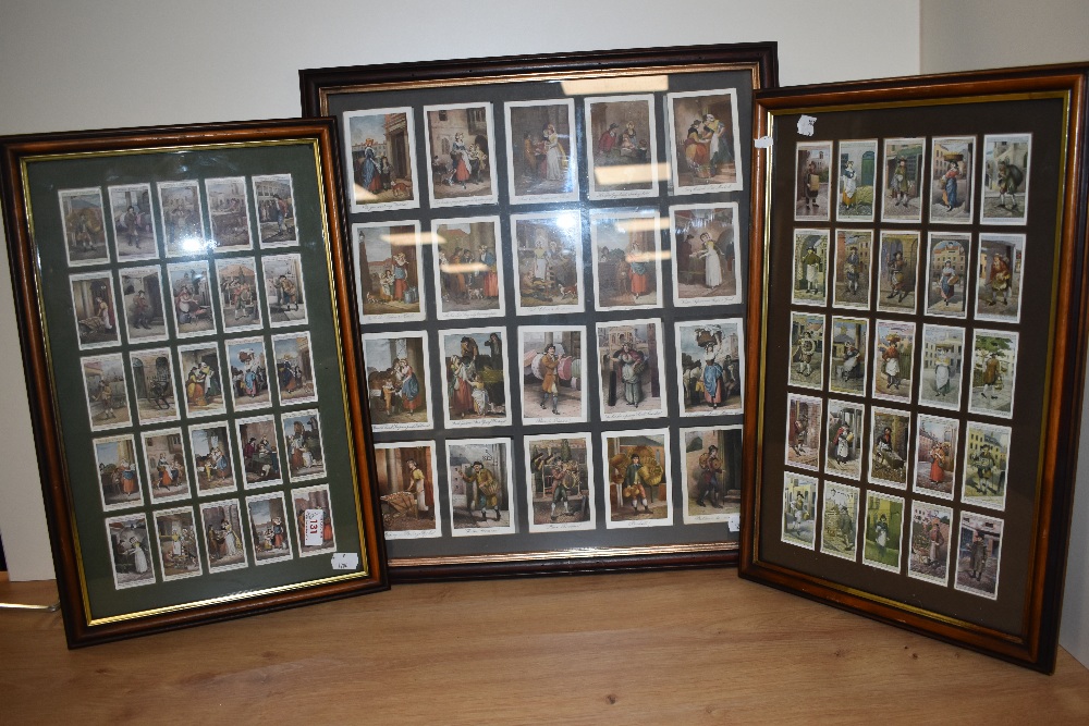 Two framed, glazed and mounted sets of Players cigarette cards, and a similar framed set of cards.