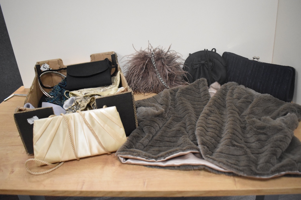 A Gina Bacconi skirt and top, faux fur wrap, and a box of ladies bags - Image 4 of 6