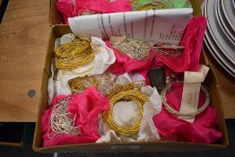 A selection of gold and silver tone metal embroidery threads and a thimble, in case.