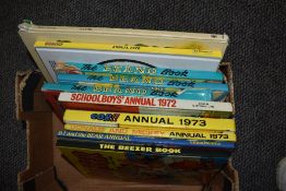 A box of vintage 1970s and other children's annuals including The Beano, The Beezer, and Bambi