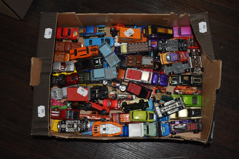 A box of miscellaneous diecast model vehicles, including Matchbox