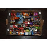 A box of miscellaneous diecast model vehicles, including Matchbox