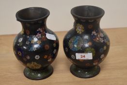 A pair of Japanese Cloisonne enamelled vases, Meiji period, measuring 17cm tall