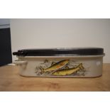A mid-20th Century enamelled fish kettle, decorated with salmon, and measuring 48cm long