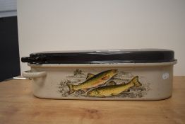 A mid-20th Century enamelled fish kettle, decorated with salmon, and measuring 48cm long