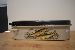 A mid-20th Century enamelled fish kettle, decorated with salmon, and measuring 48cm long