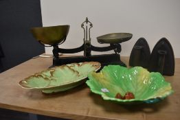 A set of Victorian cast iron and brass balance scales, by W.Avery, two flat irons, and two cabbage