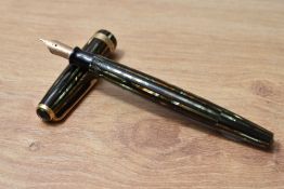 A Parker Duofold Blue Diamond Vacumatic fountain pen in in green, gold and black striated pattern
