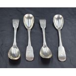 A group of four George III Irish silver fiddle pattern condiment spoons, with ovoid bowls and