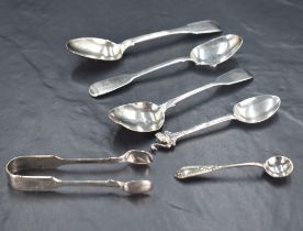 A group of mixed silver spoons and sugar tongs, various ages, designs and makers, gross weight