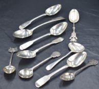 A group of mixed silver spoons, various date, designs and makers, to include four George IV fiddle