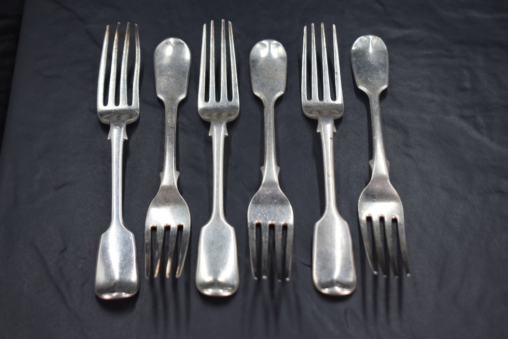 A set of six Victorian silver Hanoverian fiddle pattern salad or dessert forks, engraved with