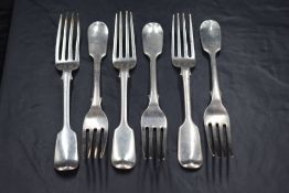 A set of six Victorian silver Hanoverian fiddle pattern salad or dessert forks, engraved with