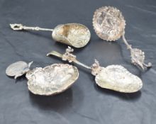 A George V imported Hanau silver ornamental 'Monkey' spoon, the shaped sallow bowl embossed with