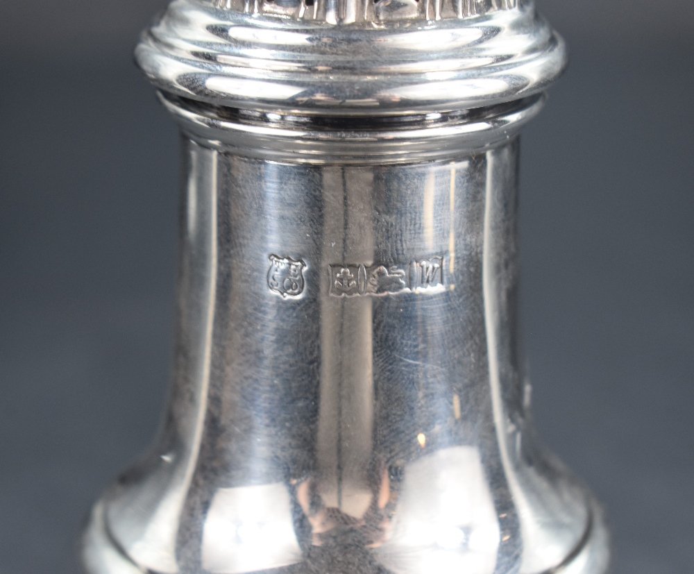 A Queen Elizabeth II silver sugar caster, of traditional baluster form with domed and pierced finial - Image 2 of 2